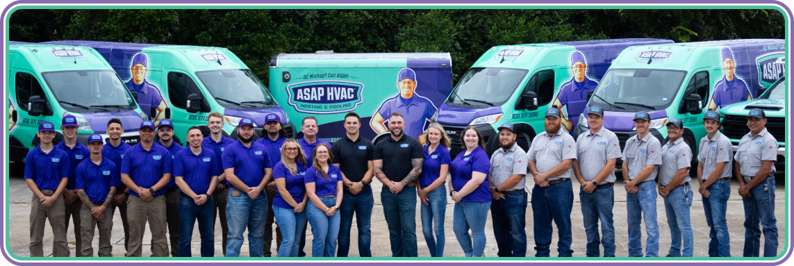 the ASAP HVAC team stands for a team photo in front of their fleet of work vehicles